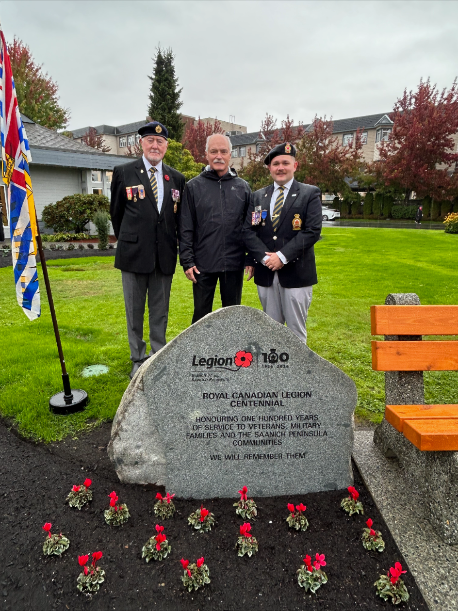 Jack McClintock with Legion members beside the 100th Anniversary Memorial and bench in Sidney