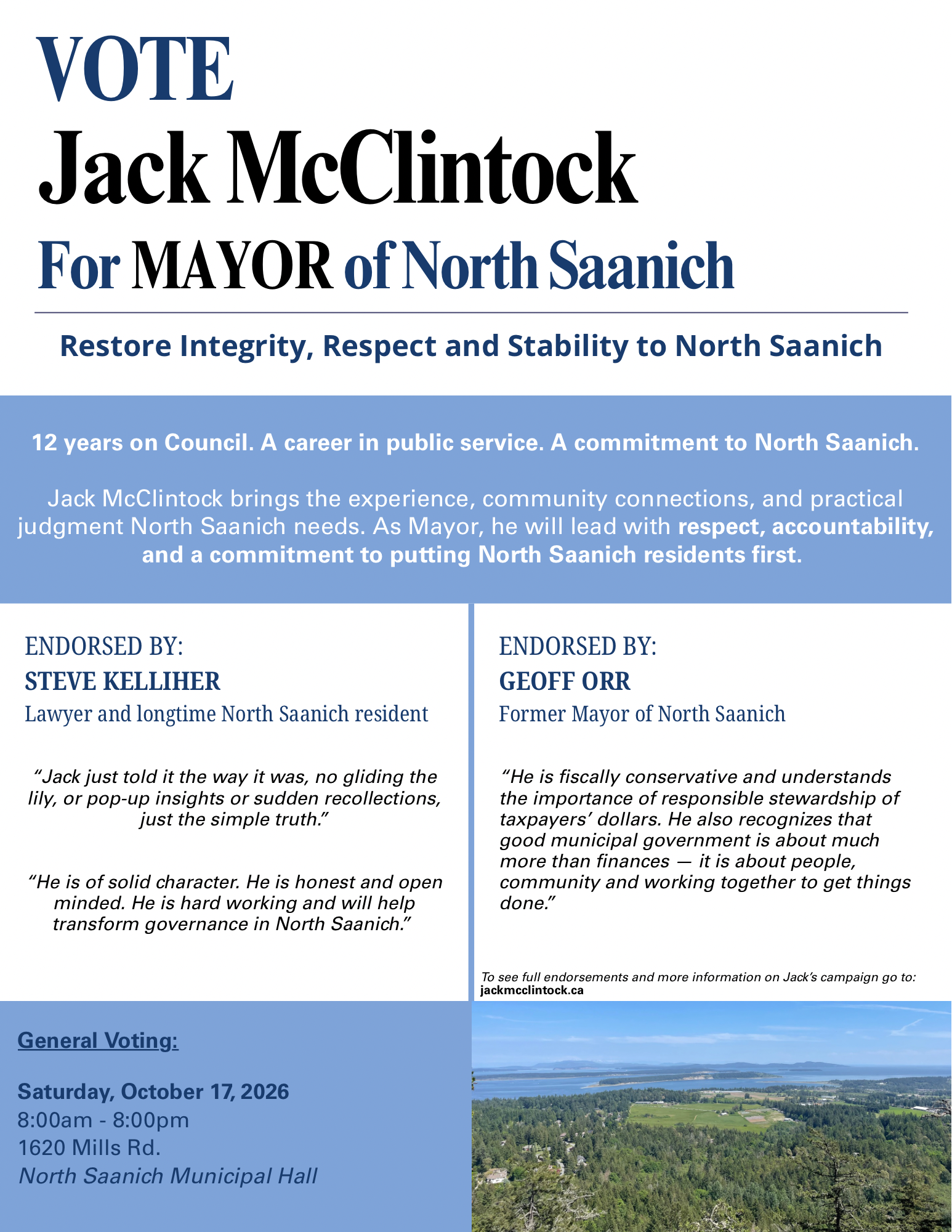 Vote Jack McClintock for Mayor of North Saanich campaign poster with endorsements and general voting information